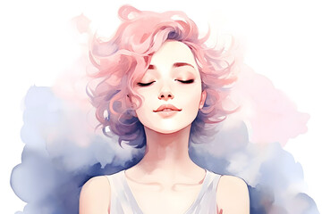 Watercolor elegant girl with closed eyes and short curly hair portrait in pastel pink purple painting