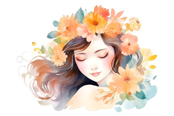 Watercolor young girl wearing flower wreath on her head portrait painting background decoration