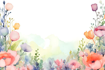 Naklejka na ściany i meble Watercolor botanical floral garden meadow border background frame for card banner invitation design