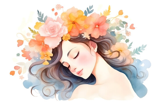Watercolor beautiful sleeping girl with colorful flowers portrait for femininity fairy background decoration