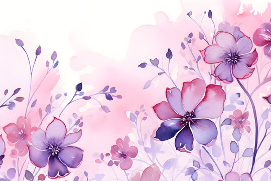 Watercolor pastel pink purple flower background painting for greeting card wallpaper banner design