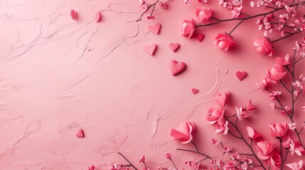 Romantic Valentine's Day Concept with Red and Pink Roses and Heart-Shaped Petals on a Pink Textured Background. With Copy Space for Text or Logo