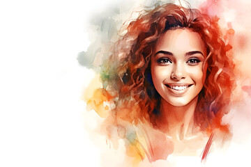 Watercolor portrait of a young curly hair girl looking at the camera on white background wallpaper