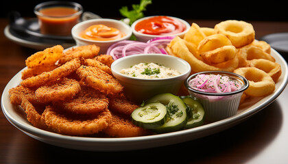 Fried meat, fresh salad, and crunchy fries on a plate generated by AI