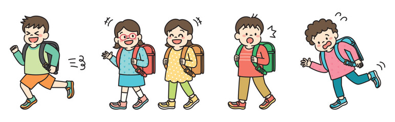 ランドセルを背負って楽しそうに通学する小学生のイラスト