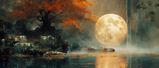 Fotobehang Volle maan en bomen Painting of a Full Moon Reflecting on a Body of Water