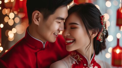 a cute beautiful asian couple cuddling hugging and kissing each other on a romantic day at valentines day 14th february. wearing traditional cultural dress outfits. wallpaper background - obrazy, fototapety, plakaty