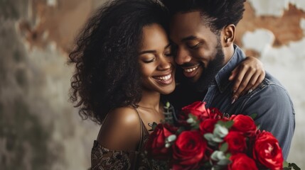 a cute beautiful black african american couple cuddling hugging and kissing each other on a romantic day at valentines day 14th february. wallpaper background