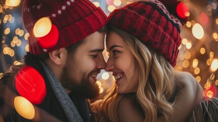 a cute beautiful white european american couple cuddling hugging and kissing each other on a romantic day at valentines day 14th february. in winter during christmas. wallpaper background