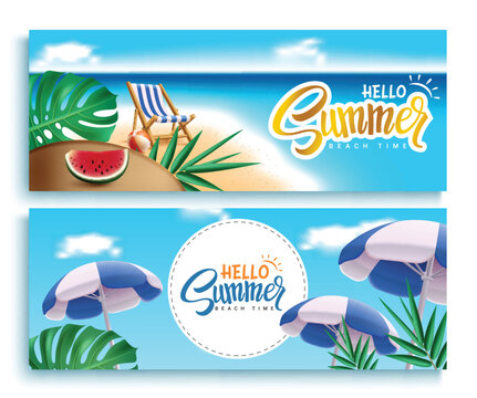Summer hello vector banner set. Hello summer text beach time with chair and umbrella decoration elements in blue sky background collection. Vector illustration summer greeting invitation banner.

