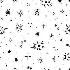 Doodle Star Seamless Cute Pattern. Starry Sky Black White Background. Festive Stars Wallpaper. Holiday and Birthday Party Design. Vector illustration.