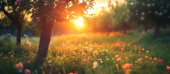 Vintage-style spring sunset in an apple garden adorned with flowers. - obrazy, fototapety, plakaty