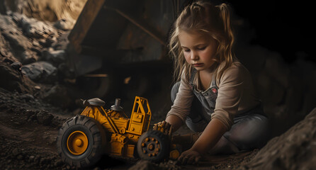 a young girl playing with a toy construction vehicle