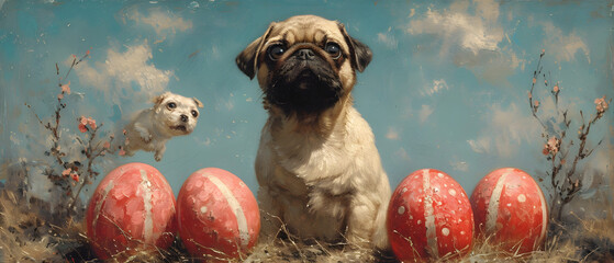 Painting of a Pug and Dog in a Field of Red Eggs