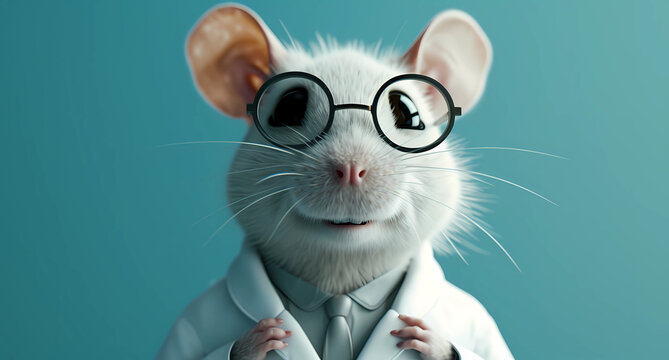 a white mouse is wearing a lab coat and glasses