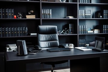 Fototapeta premium Office interior with black leather armchair and bookshelves with folders. interior of modern office. workspace organization concept. work desk concept.