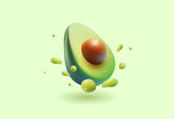 Avocado 3d ornament clean illustration Vector with liquid juice splash