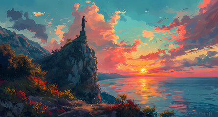 an illustration of a statue on top of a mountain with sunset