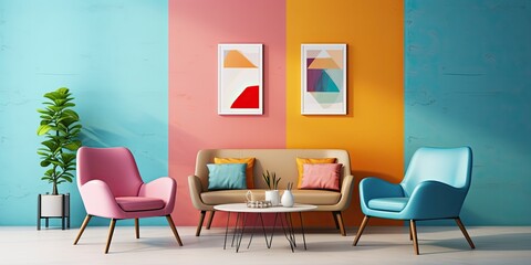 Vibrant contemporary living room with armchairs and a low table, featuring a colorful wall backdrop. .