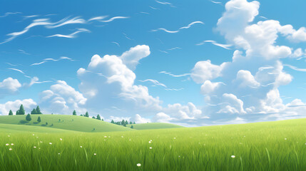 Illustration background, Beautiful grassy fields and summer blue sky with fluffy white clouds in the wind - obrazy, fototapety, plakaty