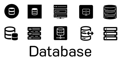 black and white database icon set on transparent