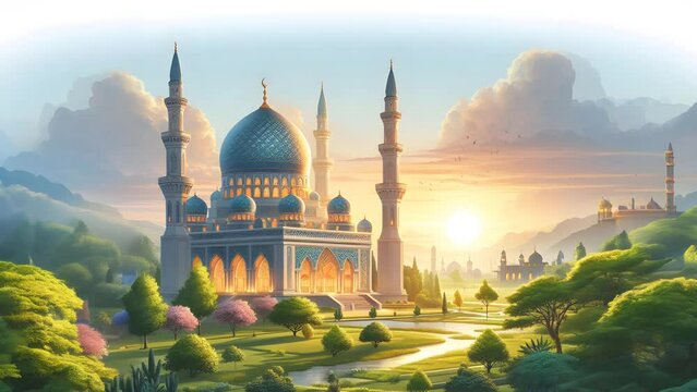 mosque building with nature landscape in the morning. Seamless looping 4K video animation background