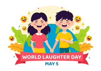 World Laughter Day Vector Illustration on 5 May with Smiley Facial Expression Cute and Happy in Flat Kids Cartoon Background © denayune
