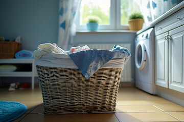 Laundry basket on blurred background of modern washing machine, Basket with dirty clothes in laundry room, generative ai