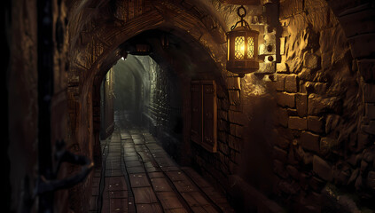 an old wooden hallway through a dark castle - obrazy, fototapety, plakaty
