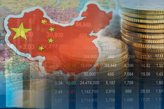 China flag and map with stock market finance, economy trend graph digital technology.