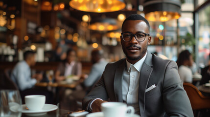 A poised and stylish African American businessman in eyeglasses sits at a café, his confident gaze suggesting a successful professional rendezvous.