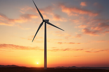 Generative AI Image of Windmill Wind Turbine with Nature Landscape in Sunset Sky