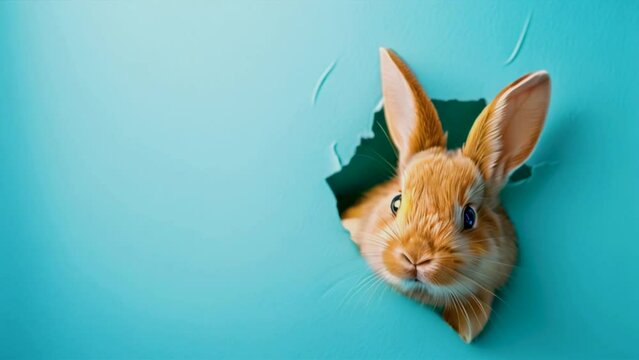 Little brown rabbit on light blue background, cute fluffy bunny sniffing, looking around, lovely mammal with beautiful bright eyes in nature life. symbol of easter day.