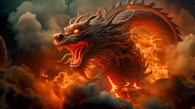 Monster dragon flame mythology with traditional burned bursts, fantasy scene, chinese new year dragon in the fire 4k animation.