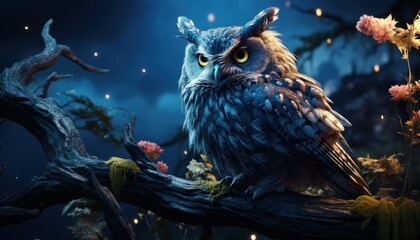 A wise old owl perched in a moonlit night - obrazy, fototapety, plakaty