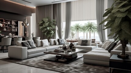 Modern elegant living room interior composition with aesthetic color palette 