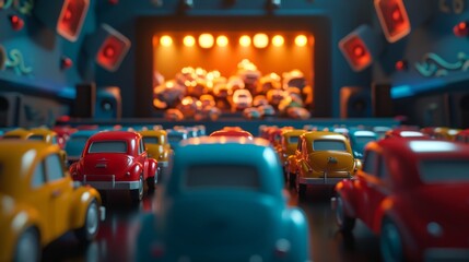 Cartoon scene A tiny dri movie theater filled with pintsized cars and audience members their miniature speakers blaring with the sound of the latest blockbuster - obrazy, fototapety, plakaty