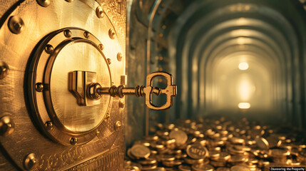 A golden key unlocking a vault filled with financial opportunities, symbolizing the idea of unlocking wealth through wise investments - obrazy, fototapety, plakaty