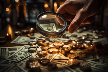 Hands holding a magnifying glass examining currency for security features, emphasizing the importance of vigilance against counterfeit money.