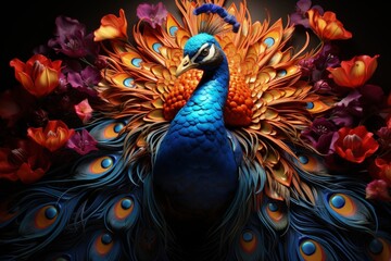 A vibrant peacock displaying its feathers - obrazy, fototapety, plakaty