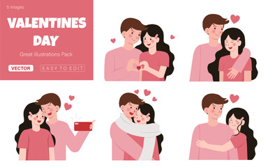 Set of Couple in love celebrating holiday, people resting on romantic date. Saint Valentine Day. Vector illustration