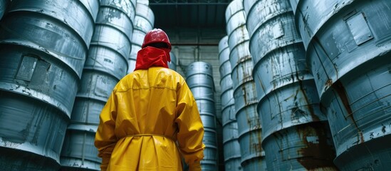 Worker facing radioactive waste barrels - obrazy, fototapety, plakaty