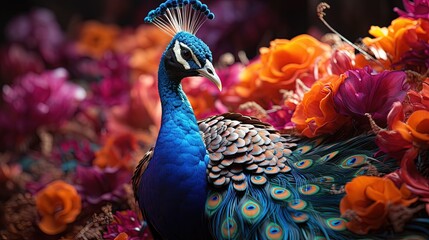 A vibrant peacock displaying its feathers - obrazy, fototapety, plakaty