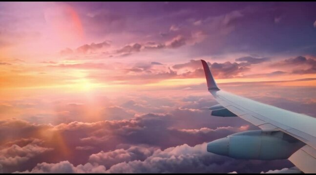 view from airplane wing window with beautiful sunrise horizon, airplane flying in blue, purple, orange sky, 4K animation video