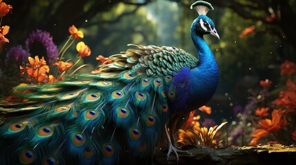 A vibrant peacock displaying its feathers