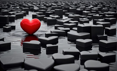 Obraz premium Red heart standing out in a sea of grey, surrounded by a sharply contrasting black and white world, focus on heart. Generative AI