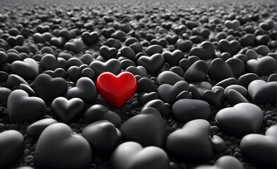 Red heart standing out in a sea of grey, surrounded by a sharply contrasting black and white world, focus on heart. Generative AI