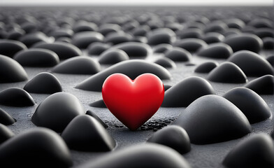 Obraz premium Red heart standing out in a sea of grey, surrounded by a sharply contrasting black and white world, focus on heart. Generative AI