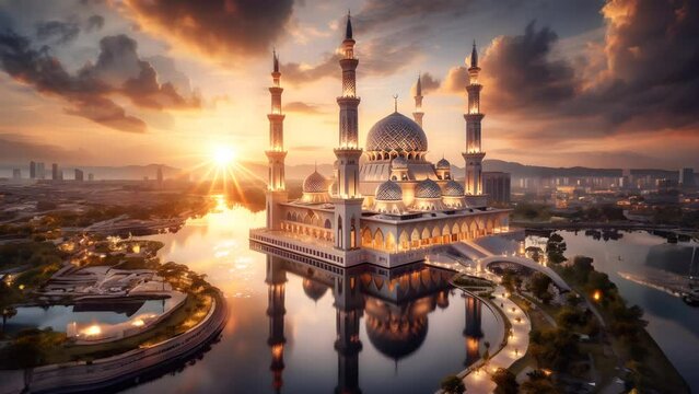 beautiful view of the mosque during the day. seamless looping 4K virtual video animation background