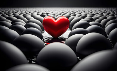 Obraz premium Red heart standing out in a sea of grey, surrounded by a sharply contrasting black and white world, focus on heart. Generative AI